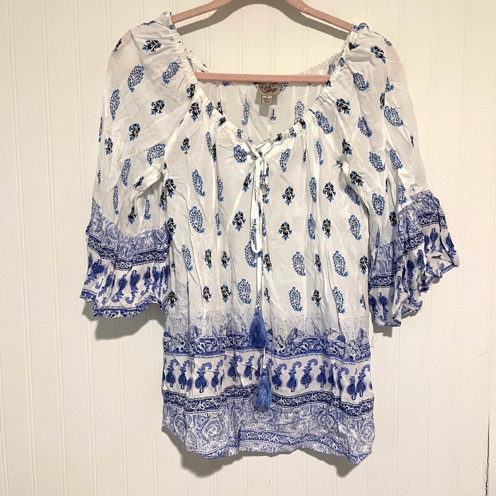 Como Vintage Peasant Top Womens Small White Blue Paisley Tassel Bell Boho